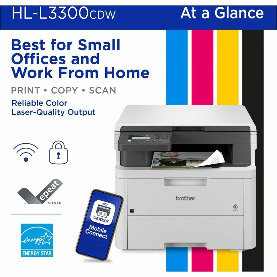 Brother HL-L3300CDW Wireless Digital Color Multi-Function Printer with Laser Quality Output, with Copy & Scan, Duplex and Mobile Printing - Copier/Printer/Scanner - 19 ppm Mono/19 ppm Color Print - 2400 x 600 dpi class - Hi-Speed USB 2.0