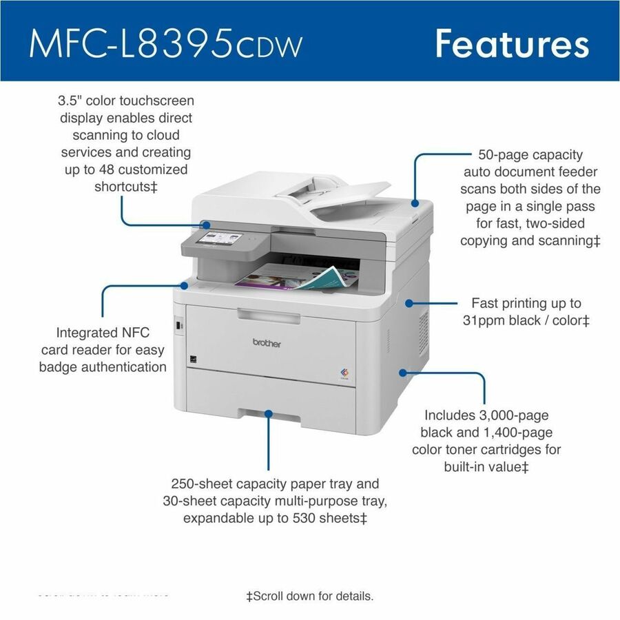 Brother Workhorse MFC-L8395CDW Digital Color All-in-One Printer with Wireless Networking and Duplex Print, Scan, and Copy