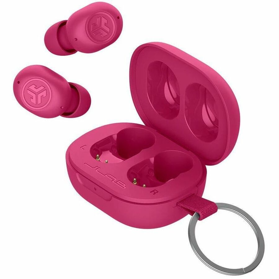 JLab JBuds Mini true wireless earbuds in pink with compact charging case — alternate view 1