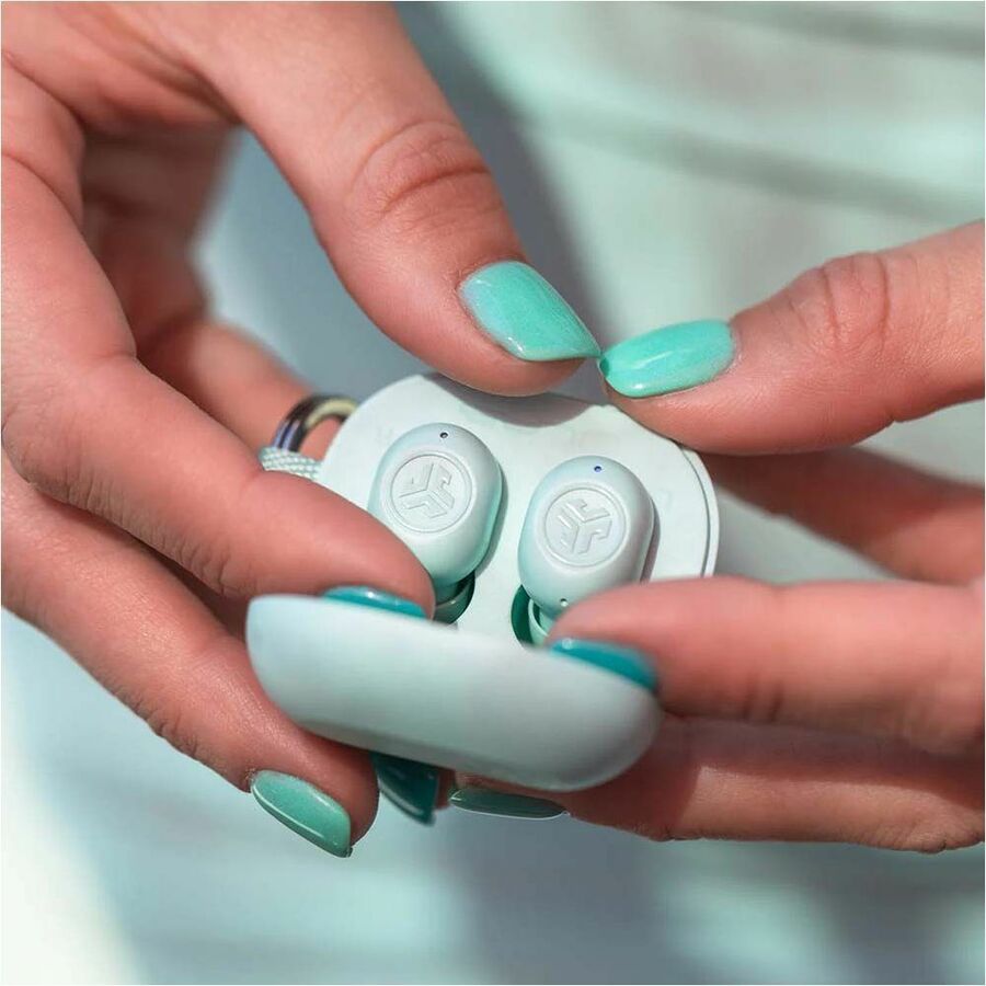 JLab JBuds Mini true wireless earbuds in mint with compact charging case — alternate view 1
