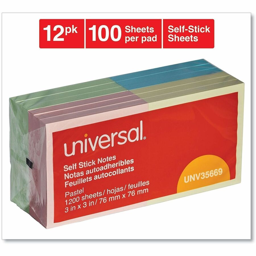 Universal Standard Self-Stick Pads - 1200 x Assorted Pastel - Square - 100 Sheets per Pad - Unruled - Assorted Pastel - Self-stick, Residue-free, Repositionable - 12 / Pack