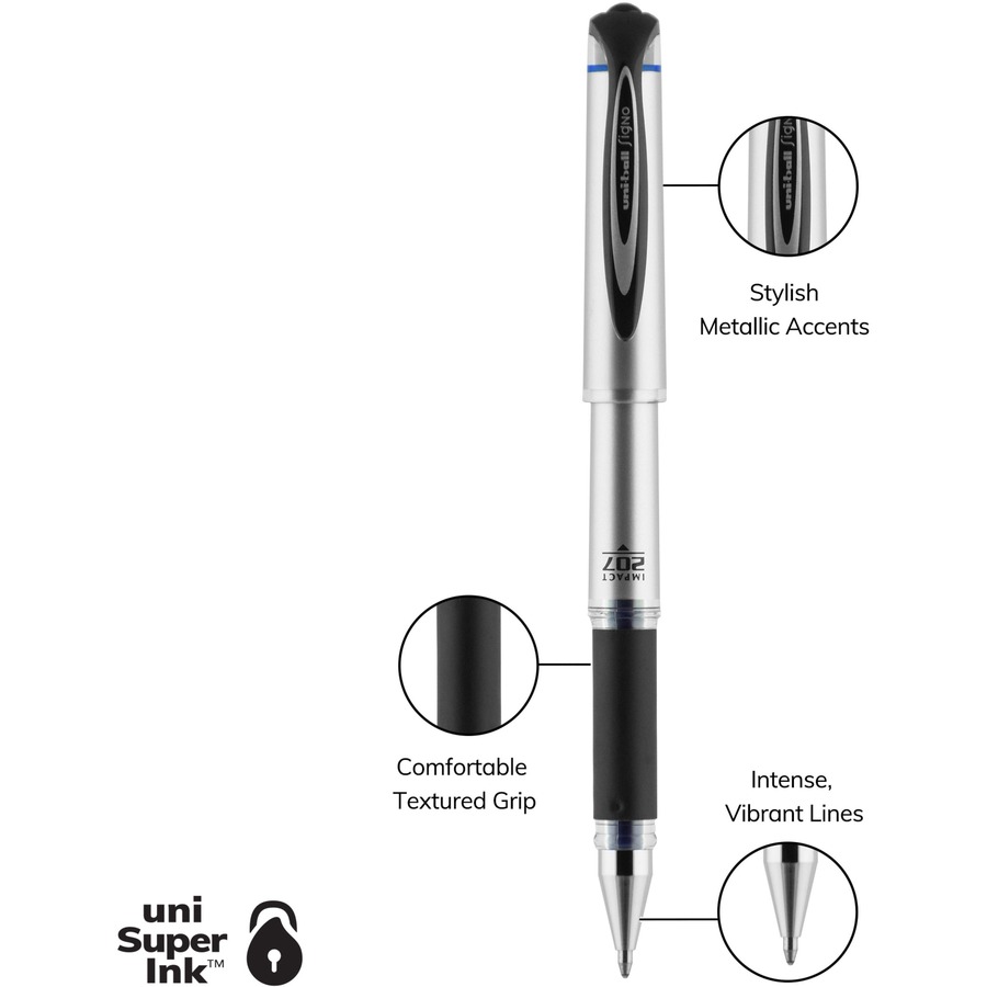 uni-ball 207 Gel Impact - Bold Pen Point - 1 mm Pen Point Size - Refillable - Blue Gel-based Ink - Silver Barrel - Gel Ink Pens - UBC65801