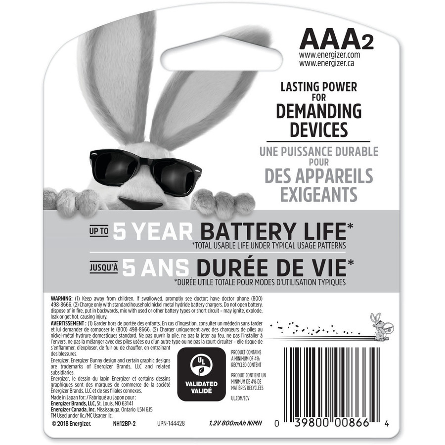 Energizer AAA Rechargeable Nickel Metal Hydride Battery - For Multipurpose - Battery Rechargeable - AAA - 650 mAh - 2 / Pack - AAA Rechargeable Batteries - EVENH12BP2