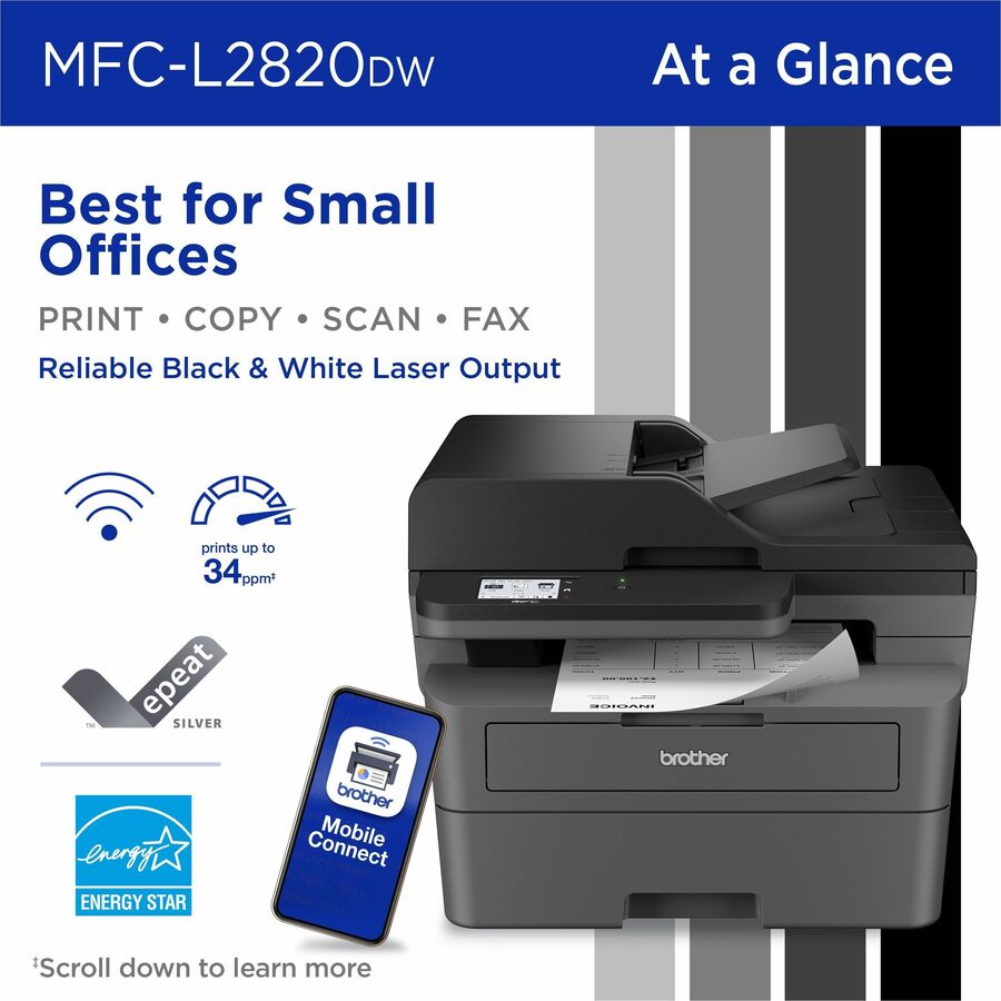 Brother Wireless MFC-L2820DW Compact Monochrome All-in-One Laser Printer with Copy, Scan and Fax, Duplex and Mobile Printing - Copier/Fax/Printer/Scanner - 34 ppm Mono Print - 1200 x 1200 dpi Print - Automatic Duplex Print - 1 x Input Tray 250 Sheet, 1 x 