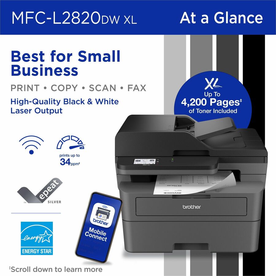Brother Wireless MFC-L2820DW XL Compact Monochrome All-in-One Laser Printer with Copy, Scan and Fax, up to 4,200 pages¹ of toner included, Duplex and Mobile Printing - Copier/Fax/Printer/Scanner - 34 ppm Mono Print - 1200 x 1200 dpi Print - Automatic Dupl