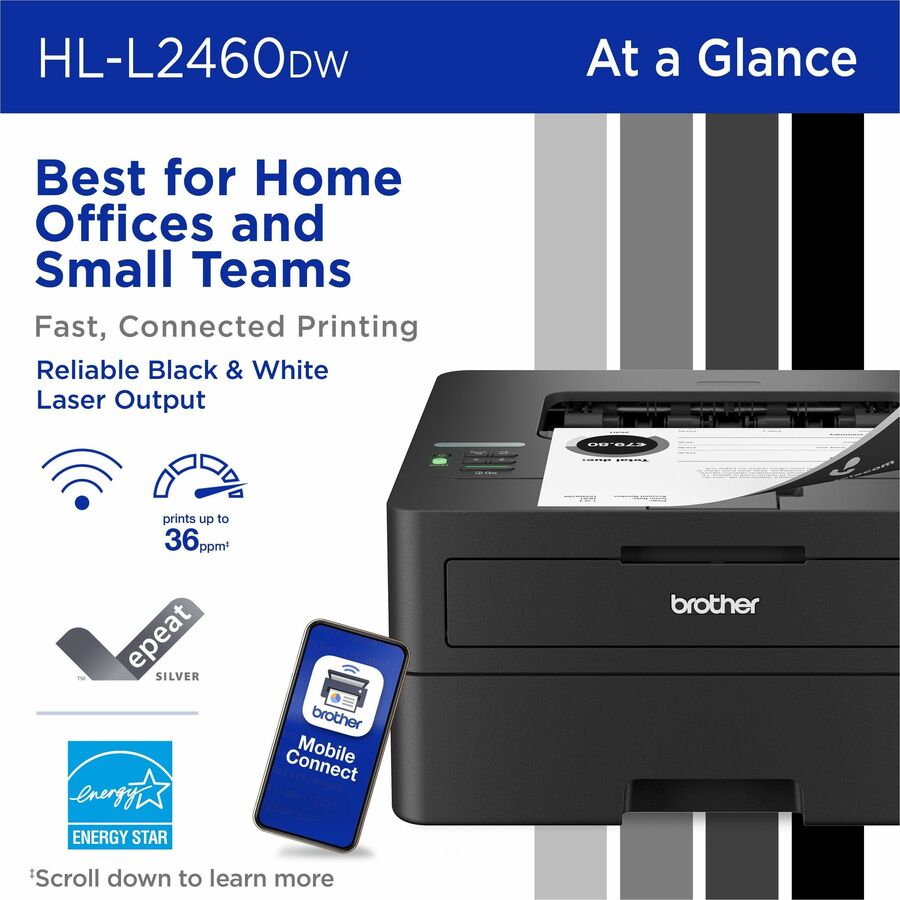 Brother Wireless HL-L2460DW Compact Monochrome Laser Printer, Duplex and Mobile Printing