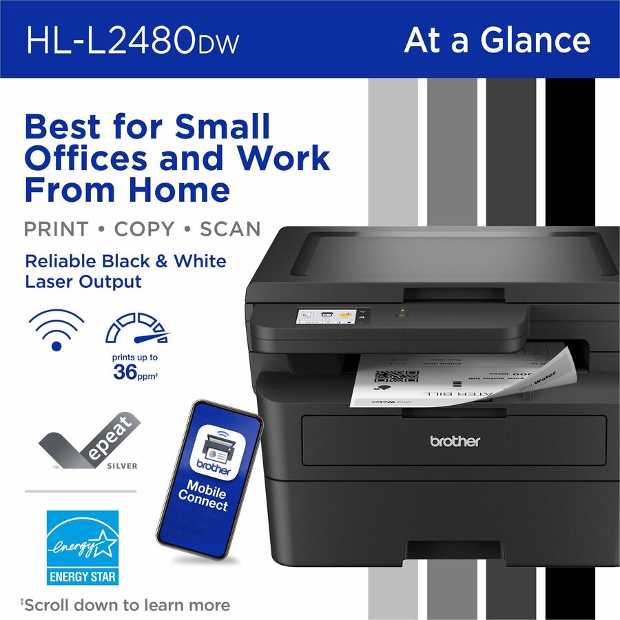 Brother Wireless HL-L2480DW Compact Monochrome Multi-Function Laser Printer with Print, Copy and Scan, Duplex and Mobile Printing