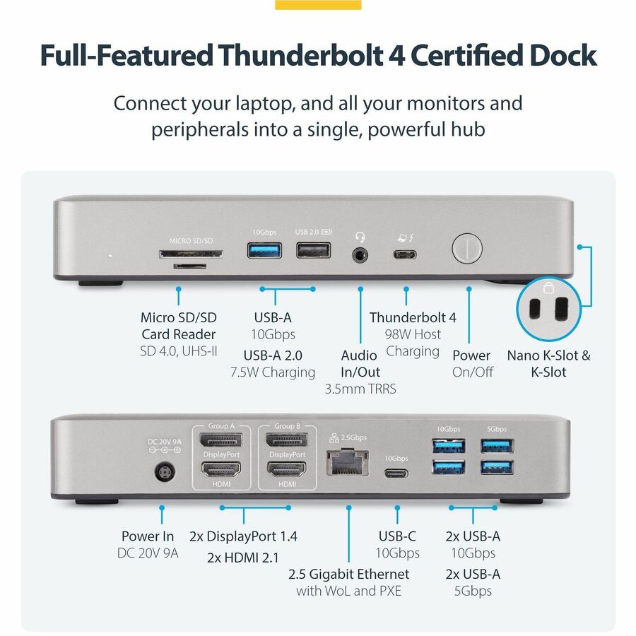 StarTech Universal USB4 & Thunderbolt 4 Docking Station, Quad Display on Windows, Dual Display on MacBook, HDMI DP Dock, 100W Charging