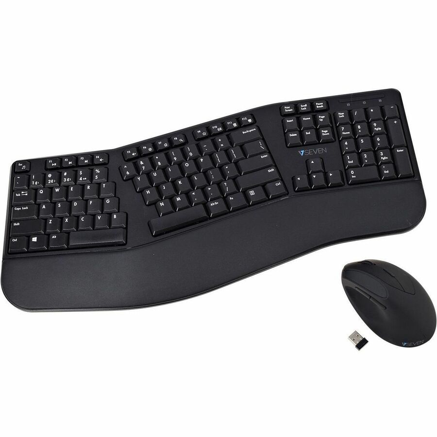 V7 Bluetooth Split Ergonomic Keyboard and Mouse Combo - Business - US Layout - English (US) - QWERTY - Black - Wireless Connectivity - Bluetooth - RF - 2.4GHz - Full Size - Padded Palm Rest - USB Interface - Windows - MacOS - ChromeOS - Ergo - Dual Mode Connection - Multimedia keys - Lasered keycaps -Battery included