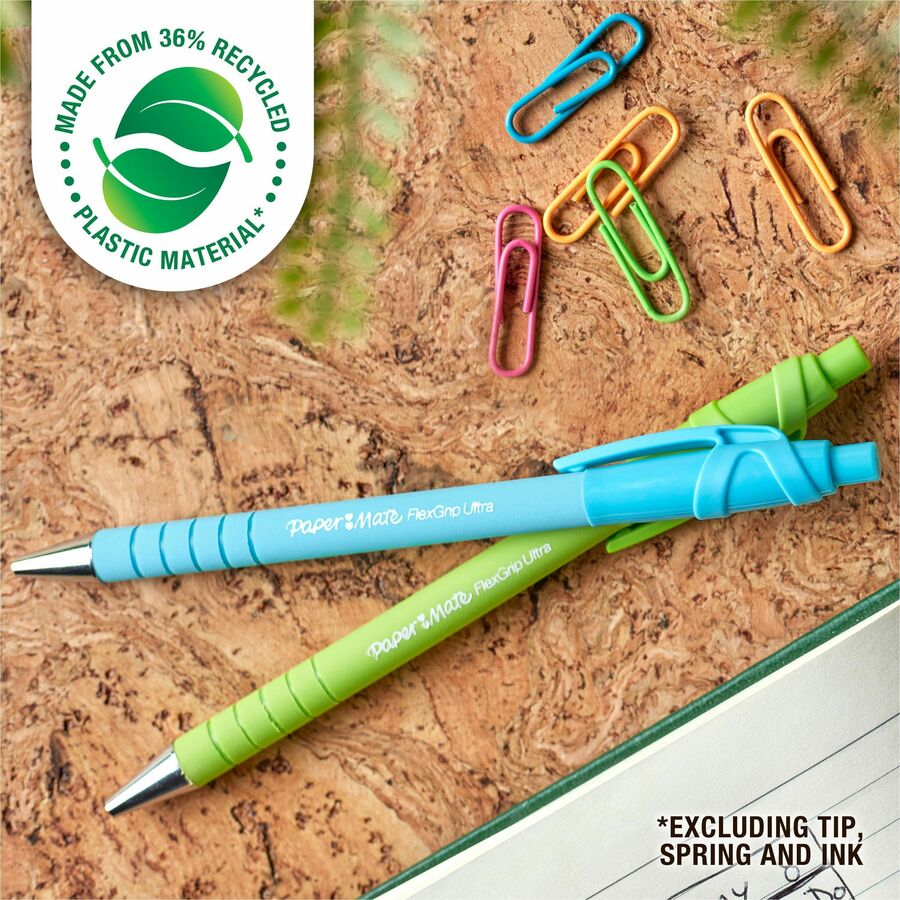 Paper Mate Flexgrip Ultra Recycled Pens - Medium Pen Point - 1 mm Pen Point Size - Retractable - Black - Green Rubberized, Pink, Orange, Blue Barrel - 4 / Pack