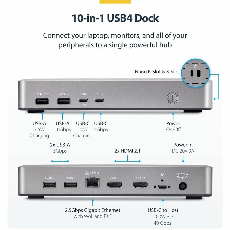 StarTech Dual-Monitor USB4 Docking Station, Dual 4K 120Hz or Single 8K 60Hz HDMI, 100W Laptop Charging, 2.5GbE, Driverless USB-C Dock