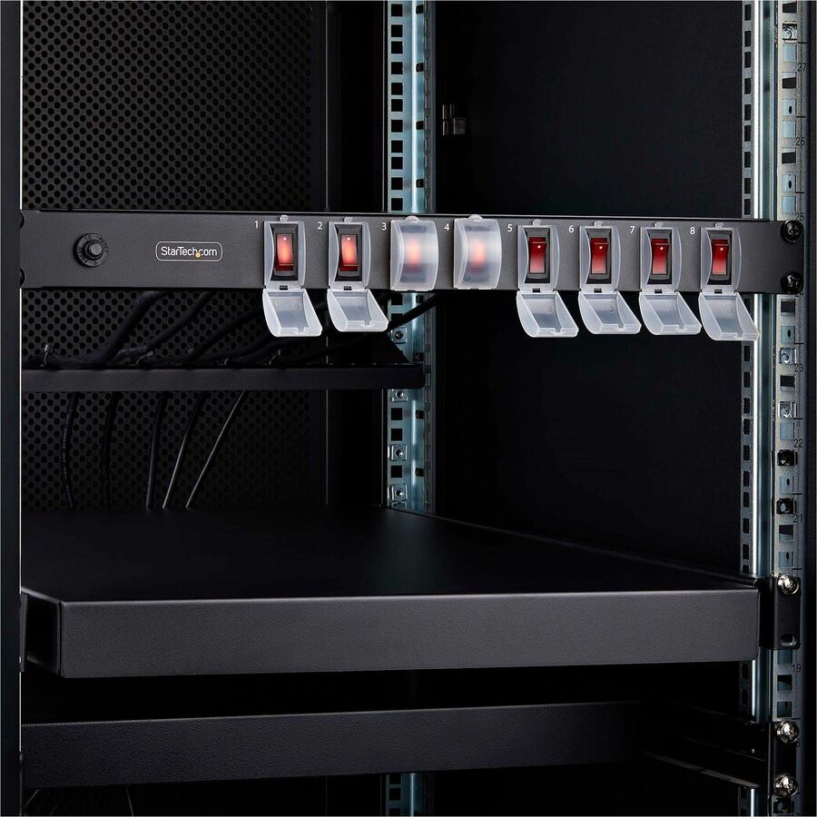 StarTech 8-Outlet Horizontal Rack Mount PDU, 1U Power Strip, On/Off Switches, 15A Circuit Breaker, 8ft/2.4m Cord, NEMA 5-15P/R, TAA