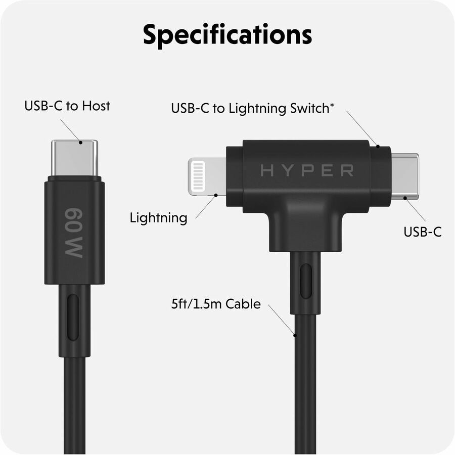 Hyper HyperJuice USB-C and Lightning Hybrid Silicone Cable (1.5m/5ft) - Black