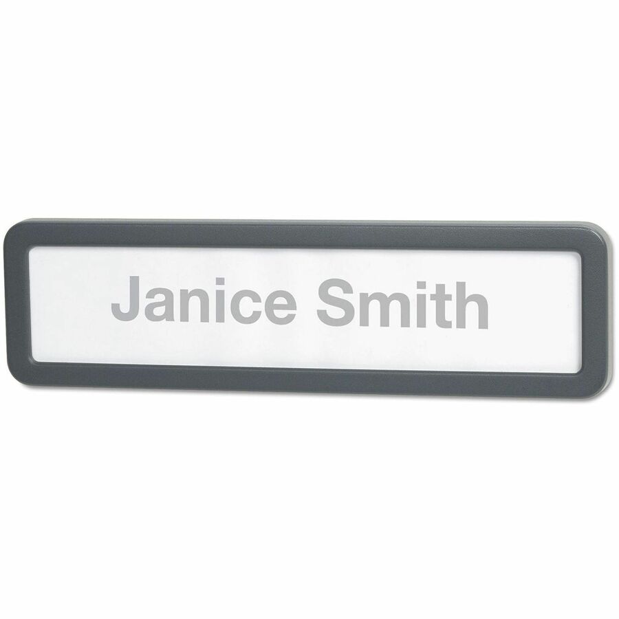 Universal Name Plate - 9" Width x 2.5" Height - Cubicle-mountable, Metal-mountable, Wall Mountable, Surface-mountable - Rounded Corner, Durable - Office - Plastic - Charcoal - 1 Each