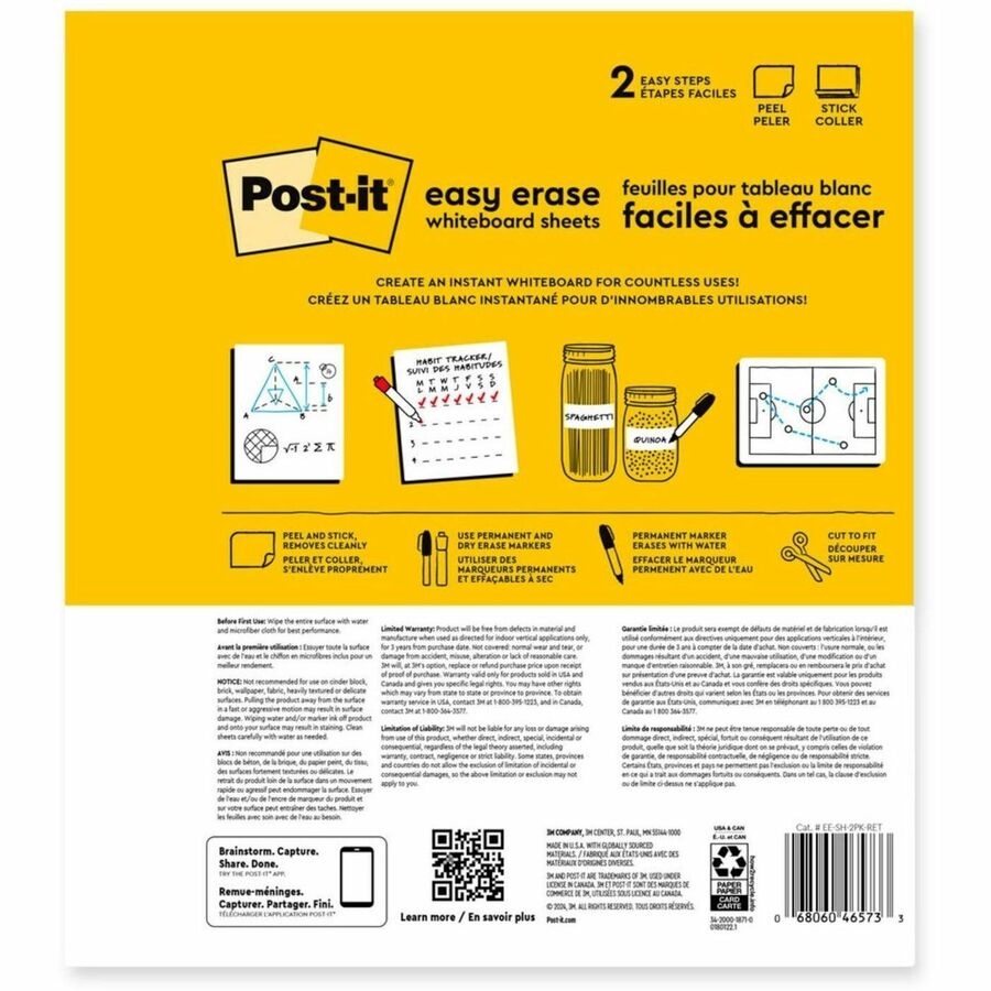 Post-it&reg; - Tableau effa&ccedil;able à sec Easy Erase EE-SH-2PK-RET
