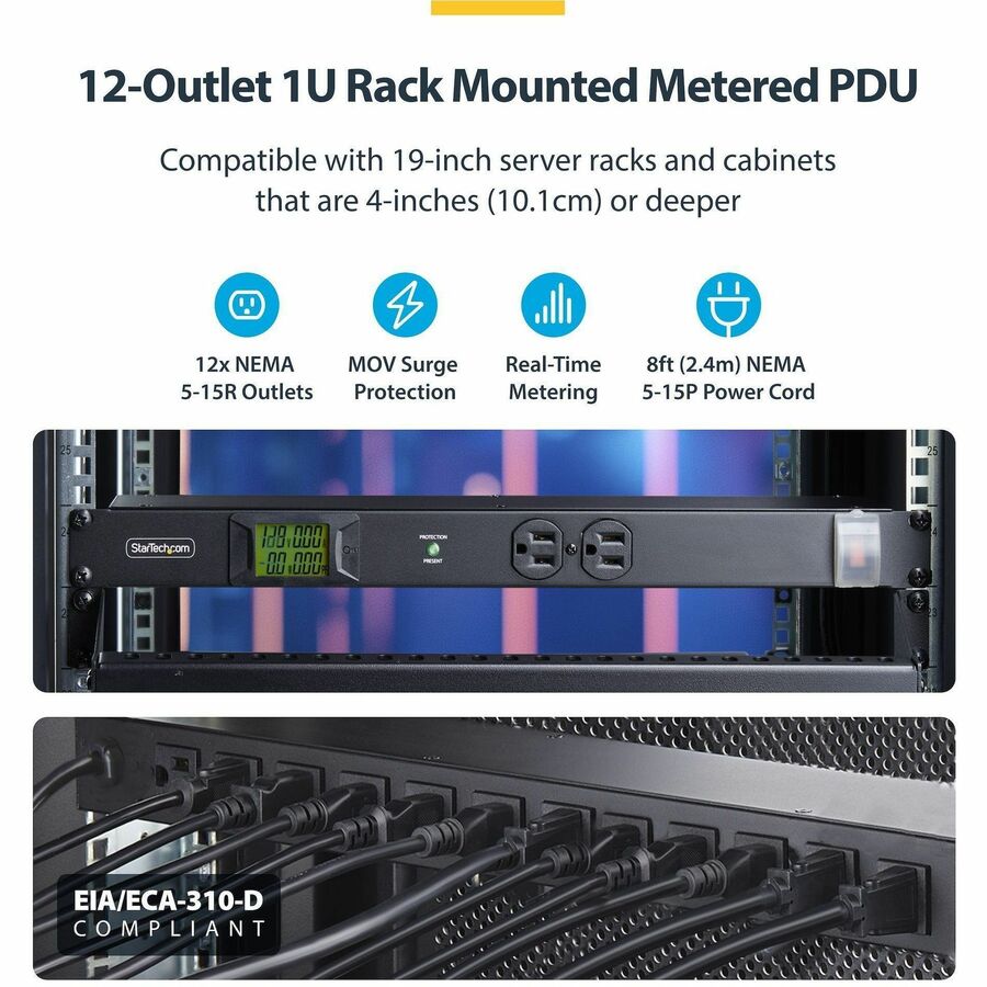 StarTech 12-Outlet Horizontal Rack Mount Metered PDU, 1U Server Power Strip w/Surge Protector, 125V/15A, 8ft (2.4m) Power Cord, TAA