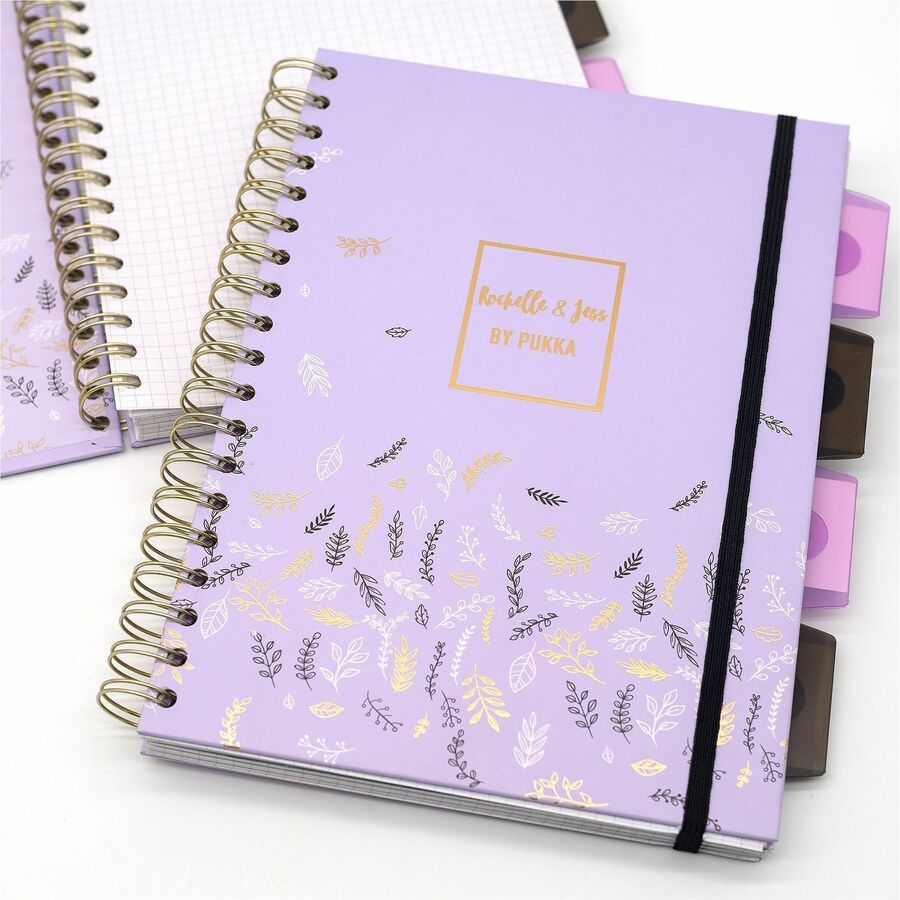 Pukka Pads Rochelle & Jess Notebook - 5 Subject(s) - 100 Sheets - Quad Ruled Front Ruling - Ruled Margin - 80 g/m² Grammage - 7 1/2" x 10" Sheet Size - Black, Lilac, Gold Cover - Graph Layout, Note Section, Repositionable Divider - 3 / Pack