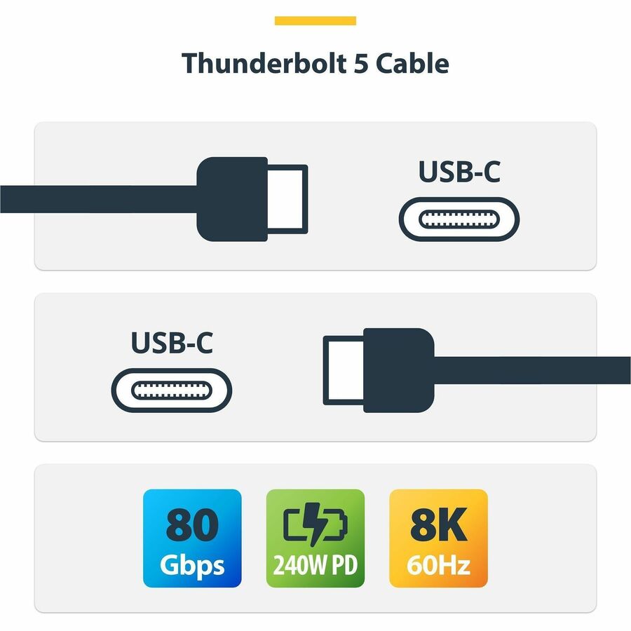 StarTech 3ft (1m) Thunderbolt 5 Cable, 80Gbps/120Gbps, 240W PD, 8K 60Hz, Certified Thunderbolt Cable, Compatible w/TB4/USB-C