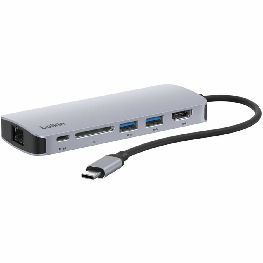 Belkin 6-Port USB-C Hub - USB-C to 2xUSB-A, 1xUSB-C, 1xEthernet, 1x8K HDMI, 1xSD Reader - Docking Station - Grey