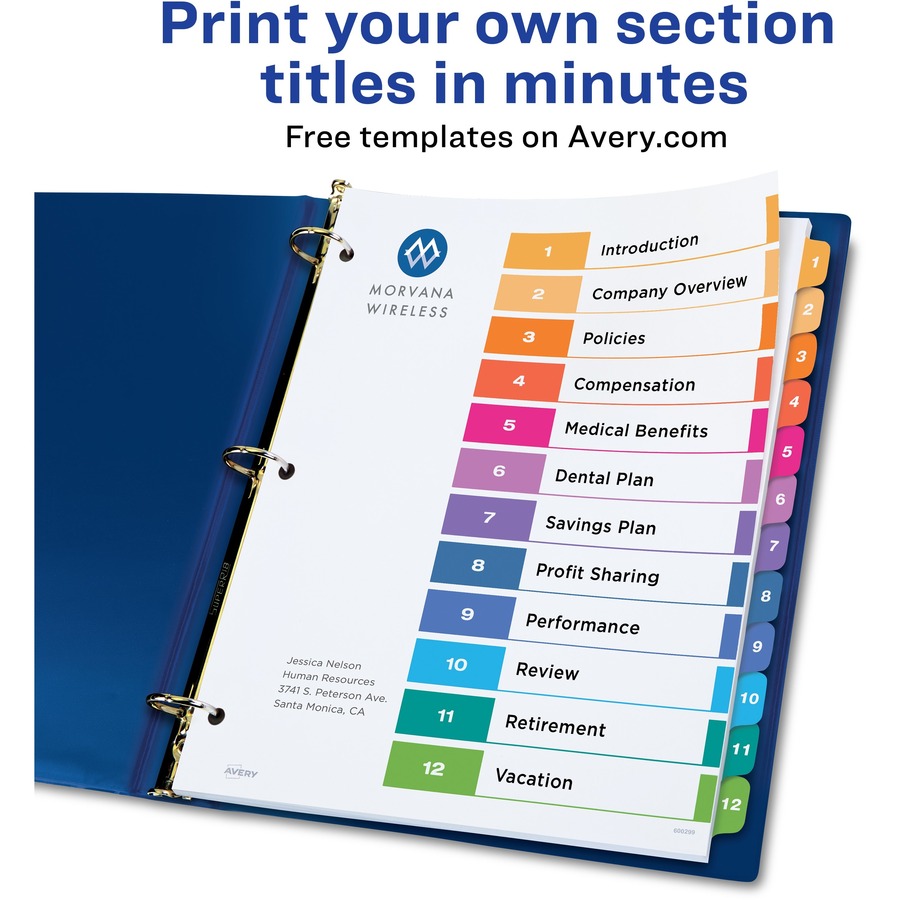 Avery® Ready Index Custom TOC Binder Dividers - 12 x Divider(s) - 1-12 - 12 Tab(s)/Set - 8.50" Divider Width x 11" Divider Length - 3 Hole Punched - White Paper Divider - Multicolor Paper Tab(s) - 12 / Set = AVE11141