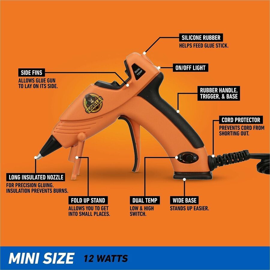 Gorilla Glue Dual Temp Mini Hot Glue Gun - 380°F (193.3°C) - Orange, Black