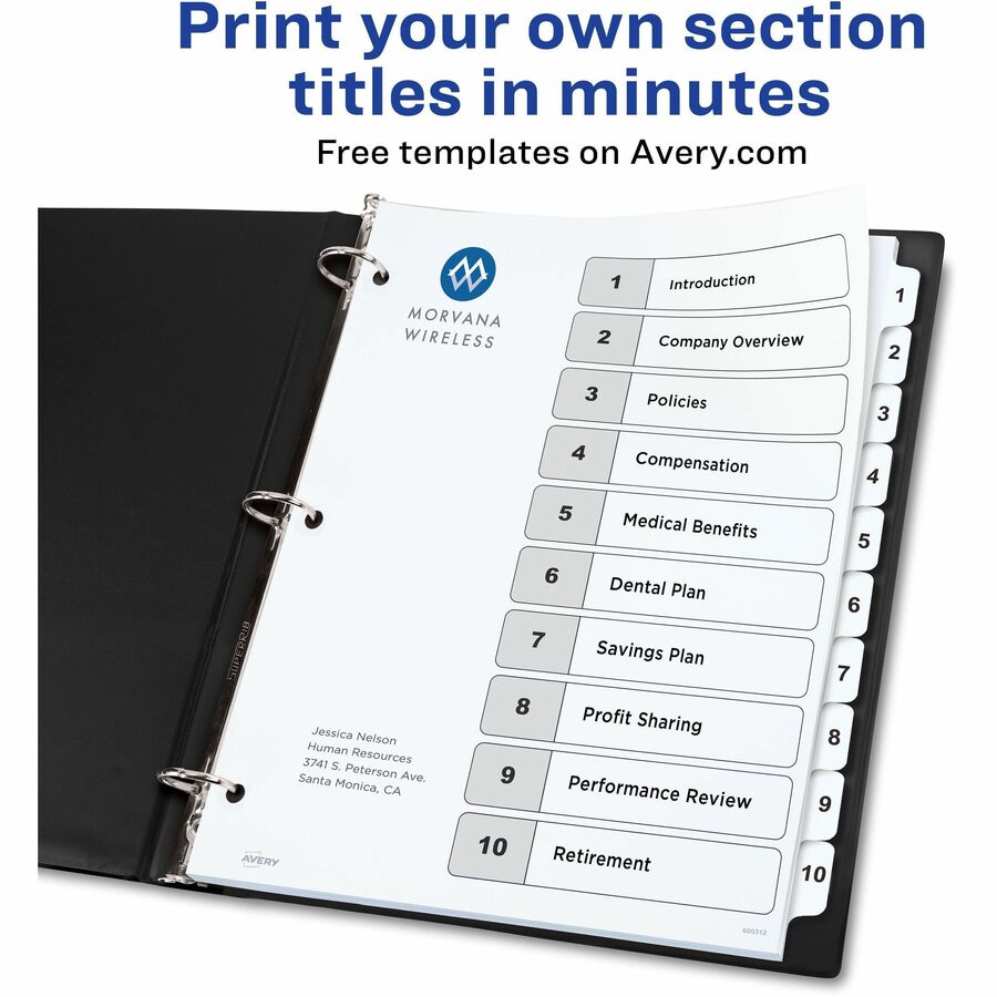 Avery® Ready Index Classic Tab Binder Dividers - 10 x Divider(s) - 1-10, Table of Contents - 10 Tab(s)/Set - 8.50" Divider Width x 11" Divider Length - 3 Hole Punched - White Paper Divider - White Paper Tab(s) - Index Dividers - AVE11134