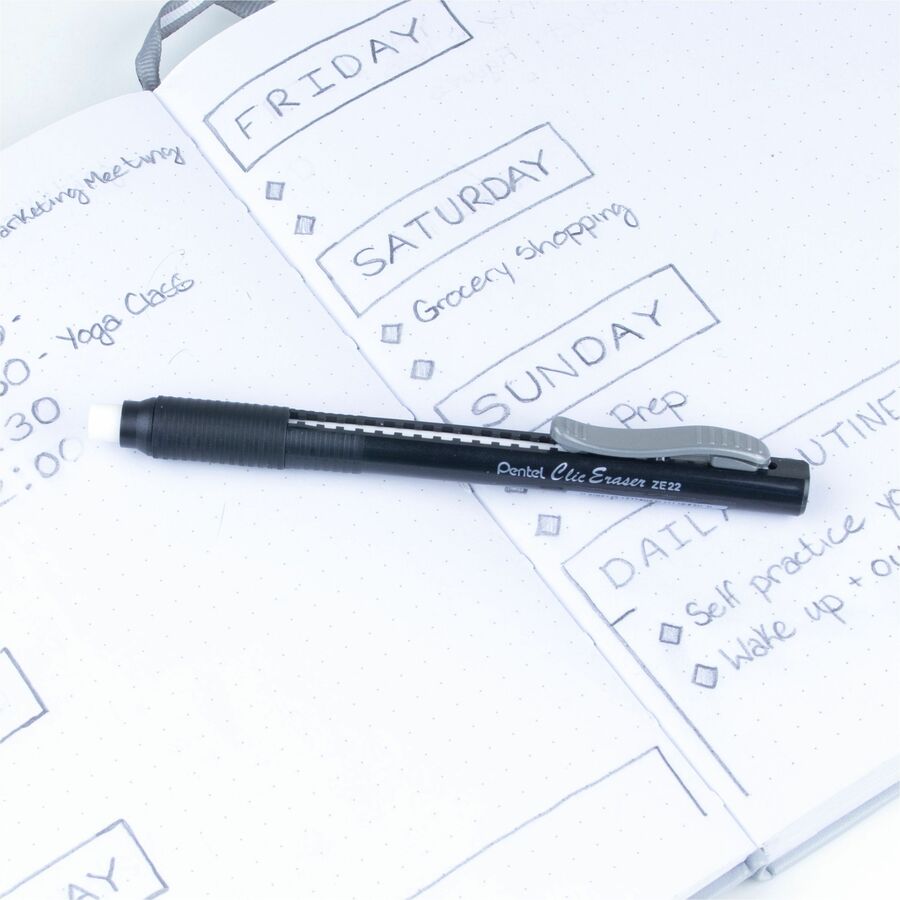 Pentel Clic Retractable Long Lasting White Eraser, Pen Shaped Black Barrel with Pocket Clip