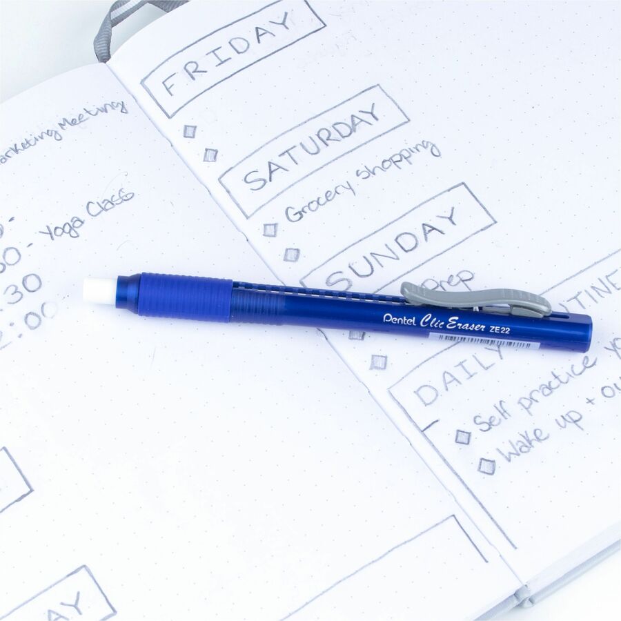 Pentel Clic Retractable Long Lasting White Eraser, Pen Shaped Blue Barrel with Pocket Clip