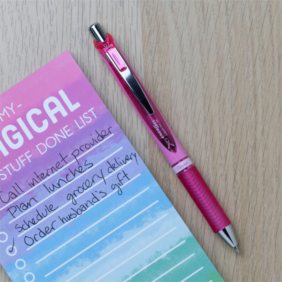Pentel EnerGel Retractable Gel Roller, (0.7mm) Metal Tip, Pink Ribbon Barrel, Black Ink