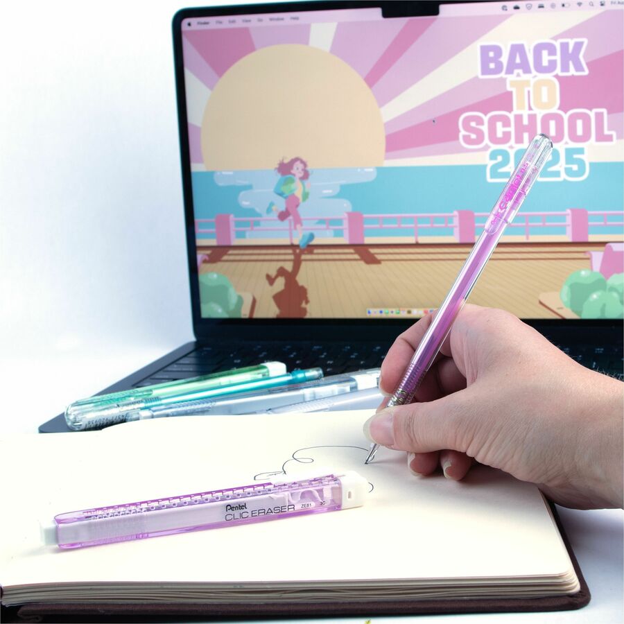 Pentel CLIC ERASER, Rectangular Retractable Eraser, Violet Transparent Barrel