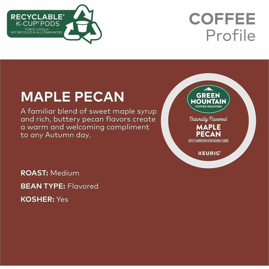 Green Mountain Coffee Roasters® K-Cup, Pod Maple Pecan Coffee - Compatible with Keurig K-Cup Brewer - Light - 24 K-Cup - K-Cup, Pod - Maple Pecan, Maple, Butter Pecan - Kosher - 4 / Carton