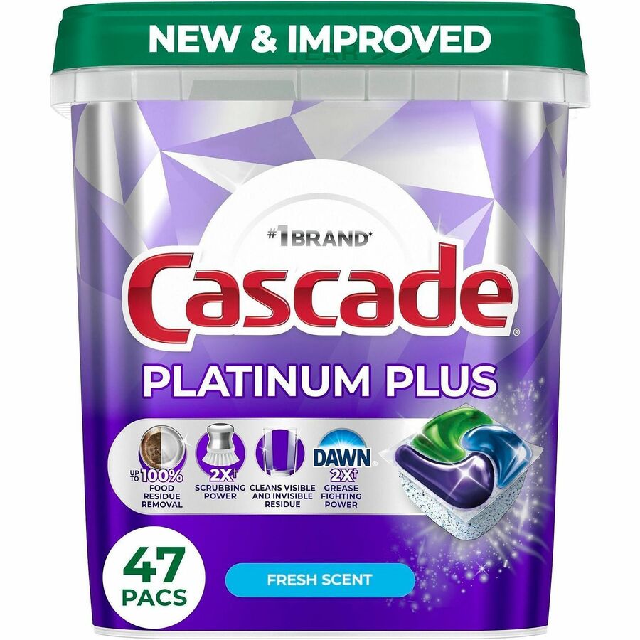 Cascade Platinum Plus ActionPacs - For Multipurpose - Fresh Scent - Recommended For: Residue Remover, Dried-on Food Remover, Grease Remover, Food Remover - Enzyme Activated - Purple - 47/Pack - 3 / Carton