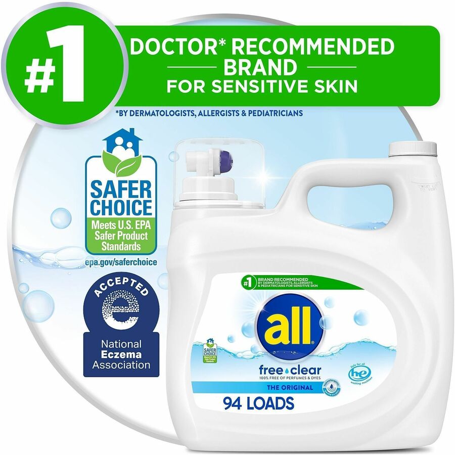 all Free Clear Liquid Laundry Detergent - For Washing Machine, Laundry - Liquid - 118 fl oz (3.7 quart) - 94 Loads - Recommended For: Allergen Remover, Pet Dander Remover, Pollen Remover, Stain Remover, Microbe Remover, Dirt Remover - Skin-friendly, Hypoa