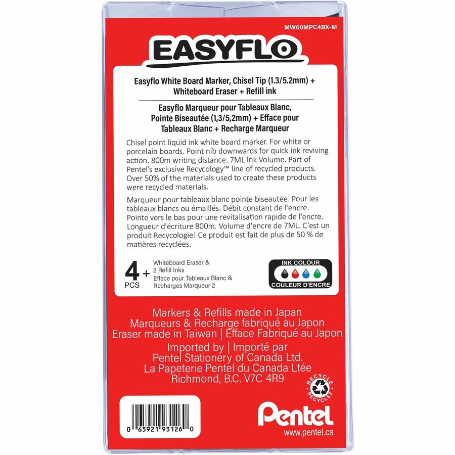 Pentel Easyflo White Board Marker with Board Eraser Set - Chisel Point (1.3/5.2mm)
