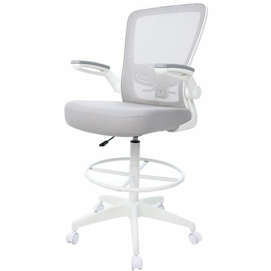 Boss Mesh Flip-Arm Stool - Gray Seat Color - Fabric, Foam Seat Material - Gray Back Color - Mesh Back Material - White Frame Color - 5-star Base - Gray - Mesh, Fabric, Chrome - Armrest - 1 Each