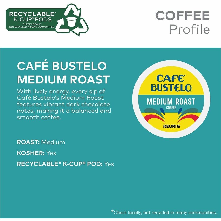Café Bustelo K-Cup, Pod Medium-Roast K-Cup Coffee Pods - Compatible with Keurig Brewer - Medium - K-Cup, Pod - Dark Chocolate - Kosher - 22 Boxes/Carton - 4 / Carton