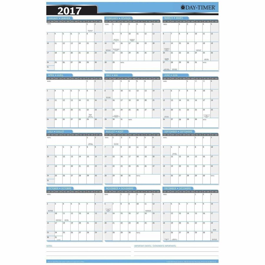 Day-Timer - Planificateur mural flexible effa&ccedil;able vertical/horizontal 2027 - 23 7/8 po H x 36 po l - bleu - bilingue