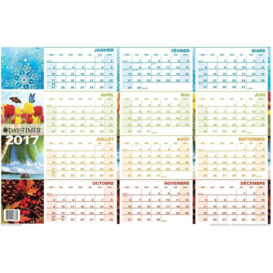 Day-Timer - Planificateur mural flexible effa&ccedil;able horizontal saisonnier 2027 - 23 7/8 po H x 36 po l - multicolore - bilingue