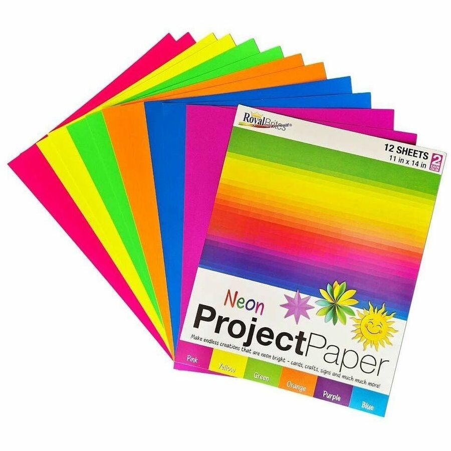 Royal Brites 2-Sided Project Paper Neon Assortment - Craft, Project, Cutting, Shaping, Poster, Classroom, Party, Decoration, Student, Display, DIY Project, ... - 11" x 14" - Matte Texture - Assorted Neon - Paper - 12 / Carton