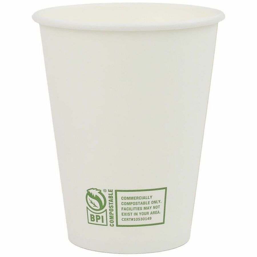 Genuine Joe BPI Certified Compostable Paper Cups - 12 fl oz - Leak Proof Closure - White - Paper, Polylactic Acid (PLA) - Cold, Beverage, Breakroom