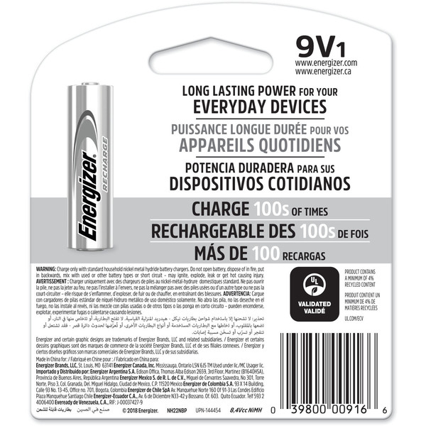 ENERGIZER 9V 175mAh NiMH Rechargeable Battery 1 Pack