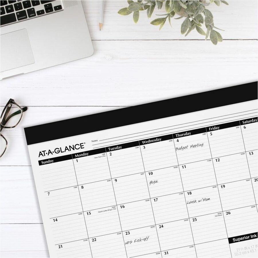 At-A-Glance 2024 Monthly Desk Pad Calendar, Standard, 21 3/4" x 17" - Julian Dates - Monthly - 12 Month - January 2024 - December 2024 - 1 Month Single Page Layout - 21 3/4" x 17" Sheet Size - 3" x 2.25" Block - Headband - Desktop - White - Poly, Paper - 