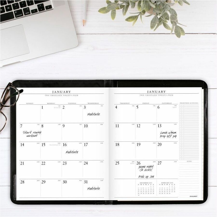 At-A-Glance Executive Padfolio - Monthly - 13 Month - January 2024 - January 2025 - 1 Month Double Page Layout - 9" x 11" White Sheet - Stapled - Black - Simulated Leather, Faux Leather - Pocket, Holder, Notepad, Business Card Holder, Pen Loop, Reference 