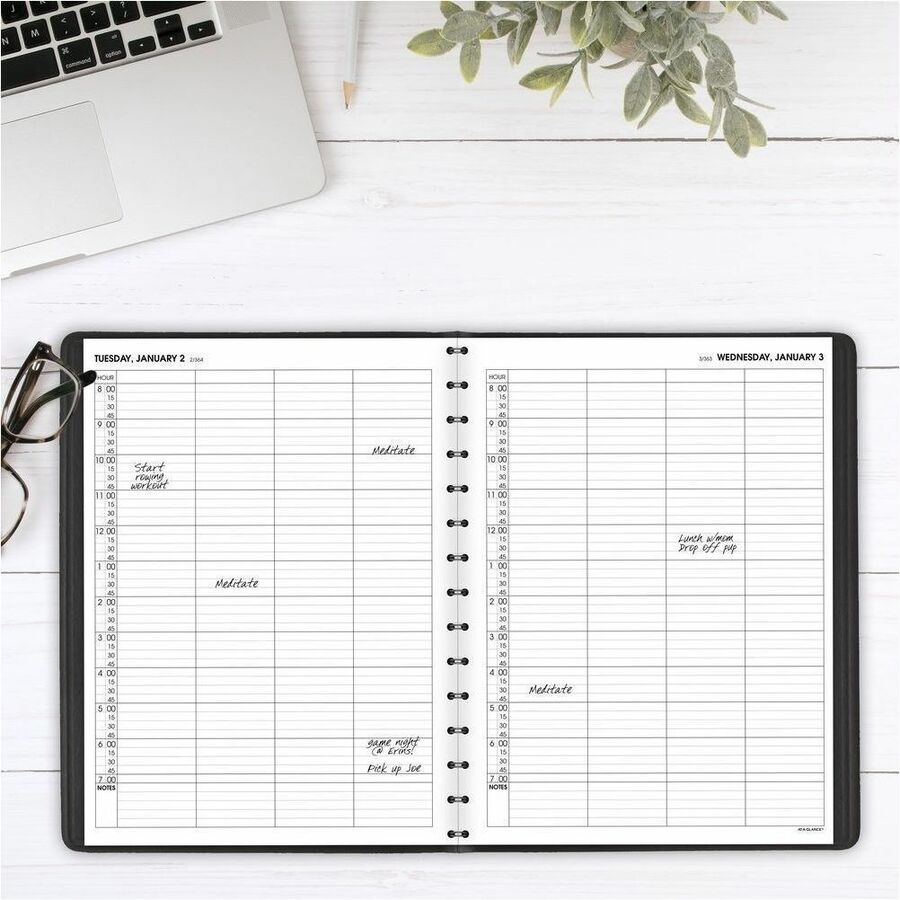 At-A-Glance Four Person Group Appointment Book - Large Size - Julian Dates - Daily - 1 Year - January 2024 - December 2024 - 8:00 AM to 7:00 PM - Quarter-hourly - 1 Day Single Page Layout - 8" x 11" White Sheet - Wire Bound - Black - Simulated Leather, Fa