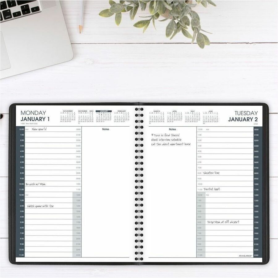 At-A-Glance 24-HourAppointment Book Planner - Medium Size - Julian Dates - Daily - 1 Year - January 2024 - December 2024 - 12:00 AM to 11:00 PM - Hourly - 1 Day Single Page Layout - 7" x 8 3/4" White Sheet - Wire Bound - Black - Simulated Leather, Faux Le