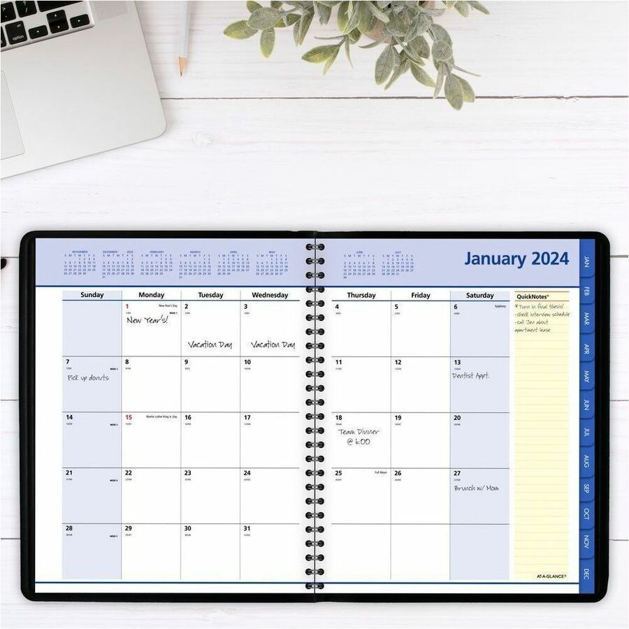 At-A-Glance QuickNotes Planner - Julian Dates - Monthly - 1 Year - January 2023 till December 2023 - 1 Month Double Page Layout - 8 1/4" x 10 7/8" Sheet Size - Wire Bound - Black - Simulated Leather - Pocket, Phone Directory, Address Directory, Notes Area - Appointment Books & Planners - AAG760605
