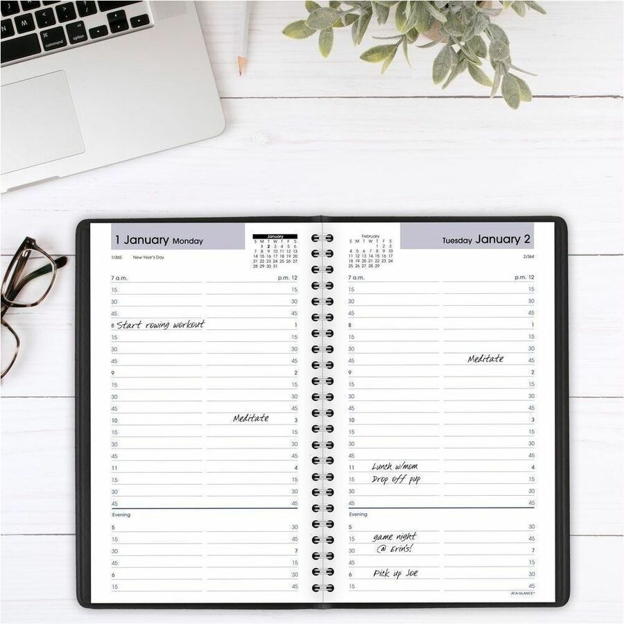 At-A-Glance DayMinder Appointment Book Planner - Small Size - Julian Dates - Daily - 12 Month - January 2024 - December 2024 - 7:00 AM to 7:45 PM - Quarter-hourly, 7:00 AM to 7:45 PM - Monday - Friday, 7:00 AM to 7:45 PM - 1 Day Single Page Layout - 5" x 