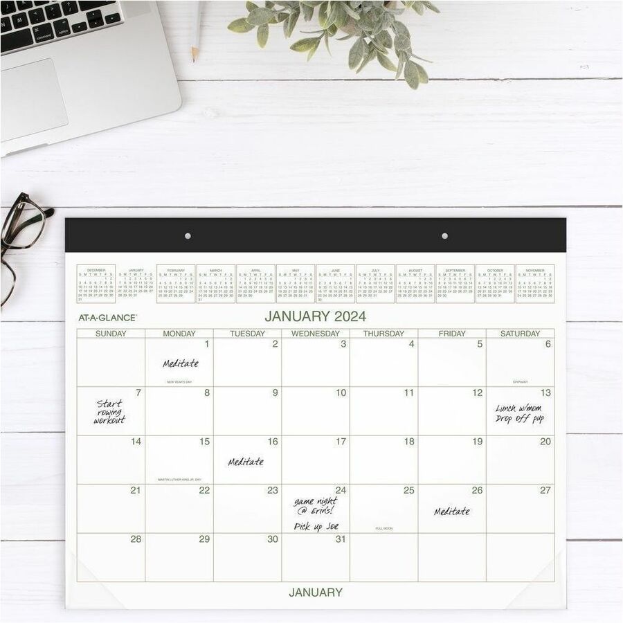 At-A-Glance 2-Color Desk Pad - Standard Size - Monthly - 12 Month - January 2024 - December 2024 - 1 Month Single Page Layout - 21 3/4" x 17" White Sheet - 3" x 2.02" Block - Headband - Desktop, Desk Pad - Multi - Simulated Leather, Paper - Bleed Resistan