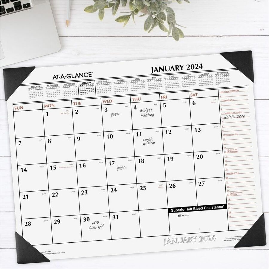 At-A-Glance 2-Color Desk Pad - Extra Large Size - Julian Dates - Yearly - 12 Month - January 2024 - December 2024 - 1 Month Single Page Layout - 48" x 32" White Sheet - 2.38" x 2.63" Block - Desk Pad - Black - Poly, Laminate - Date Indicator, Unruled Dail