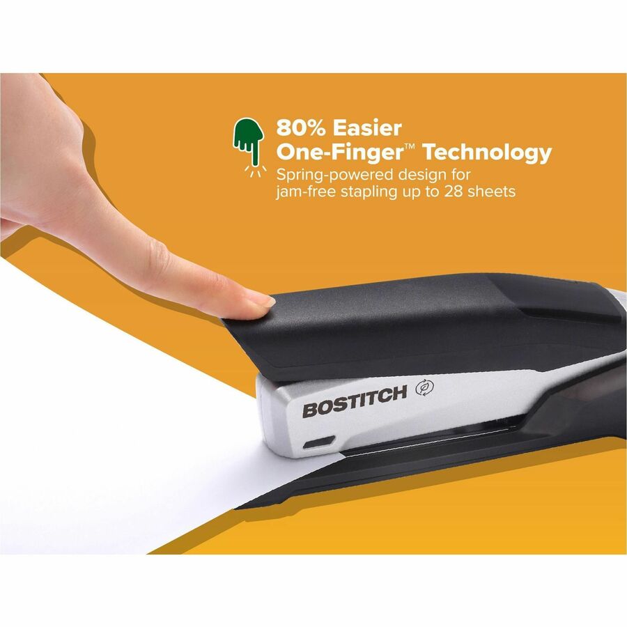 Bostitch InPower Spring-Powered Antimicrobial Desktop Stapler - 28 Sheets Capacity - 210 Staple Capacity - Full Strip - 1 Each - Silver, Black